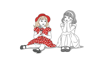Obraz premium Black and white line drawing of two young girls sitting together, with one wearing a red polka dot dress as a vibrant focal point for art.