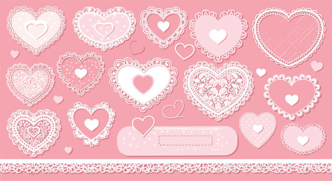 Extensive collection of various lace heart shapes and borders on a soft pink background for scrapbooking and Valentine Day projects.