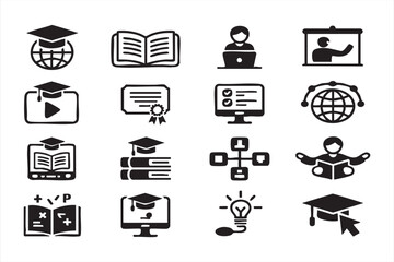E learning icon set for academic platforms and remote study apps