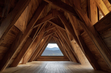 Interior view of a wooden attic with triangular framing and a large window showcasing mountain scenery