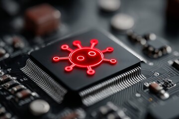 Fototapeta premium On an electronic circuit board, a red virus model is shown with black and red lines symbolizing technology and healthcare challenges