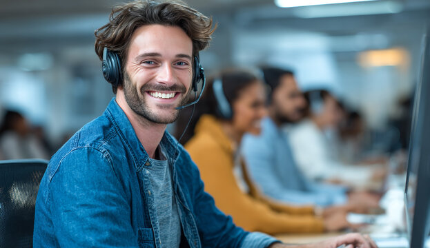 Male call center employee smiling while wearing a headset and working at his desk in a modern office environment