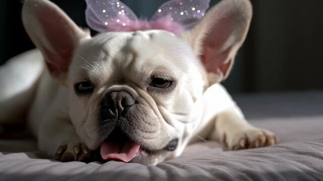 A french bulldog lies on a bed in soft light. It wears a pink bow. The dog shows different expressions as it naps, sometimes licking its lips and shifting its gaze