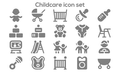 Childcare Icon Set Featuring Baby Stroller Crib Pacifier Bottle Toys Onesie High Chair And Parenting Symbols For Nursery Design

