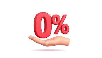 A hand with palm up holds a large red zero percent sign
