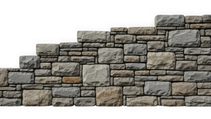 Rugged natural stone wall with irregularly shaped blocks and textured surface, perfect for construction and decorative purposes, isolated on transparent background.