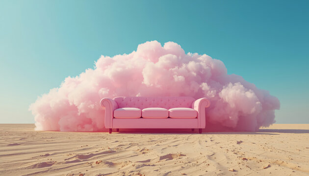surreal silliness creative business concept with fluffy cloud sofa in desert