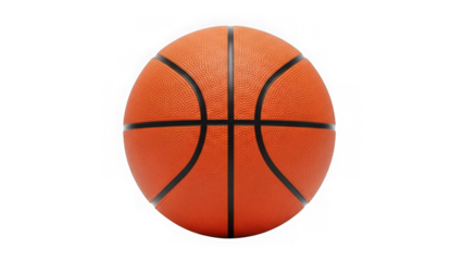 Vibrant orange basketball with classic black seams, prominently displayed and ready for play, isolated on transparent background.