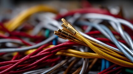 A close up view of a tangled mass of colorful electrical wires and metallic connectors