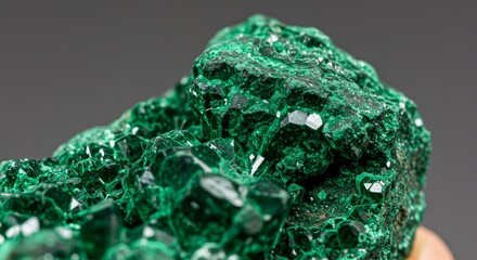 Close up of green malachite mineral stone showing crystal structure and rough texture. Natural geology sample.