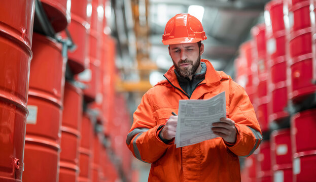 Male industrial worker wearing bright orange safety jacket and red hard hat inspecting documents in a warehouse with red metal barrels