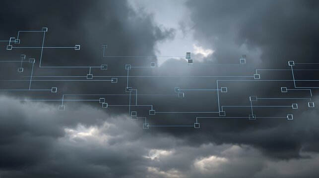 Abstract digital network connections overlay dark stormy clouds symbolizing futuristic data systems - Powered by Adobe