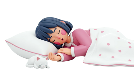 3D Illustration of a girl sleeping next to a cat