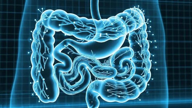 Detailed digital illustration of the human digestive system.