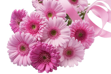 pink gerbera daisies bouquet with ribbon on white background