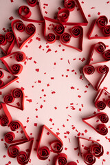 Paper Heart Explosion from Top Left Corner on Pink Background