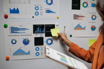 Woman's hand placing a sticky note onto a whiteboard filled with various charts and graphs, representing business analytics and strategic planning processes