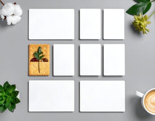 White cards, biscuit, plants, and coffee cup on grey background