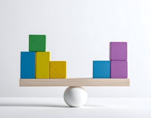 Colorful wooden blocks balancing on a seesaw, simple composition