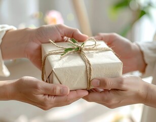Two sets of hands exchanging a wrapped gift tied with twine