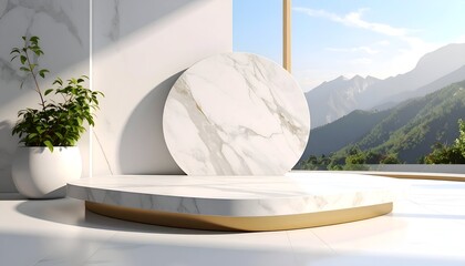 Marble platform with plant and mountain view backdrop with sunlight