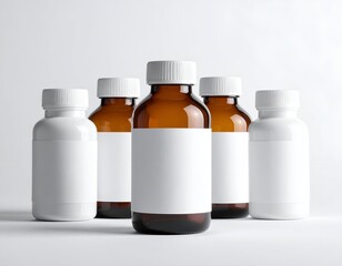 Five pharmacy bottles amber & white, clean labels, studio light