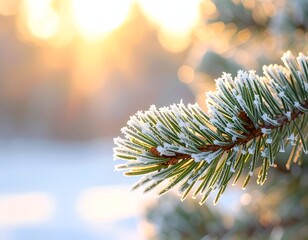 Close-up of frost-covered evergreen branch against a soft, golden sunrise