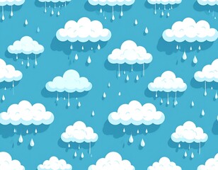 Cartoon clouds with rain drops against a blue sky, seamless pattern