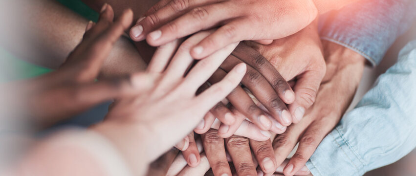 University, above or hands together with motivation, team victory or support in group assignment. College, success or people with handstack, collaboration or milestone reach in academic course.