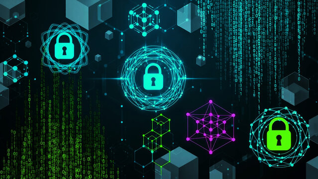 Cyber Security Concept with Digital Padlock Icons and Binary Code Data Stream