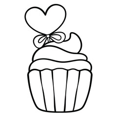 Cupcake with heart topping cute Valentine dessert line art illustration	
