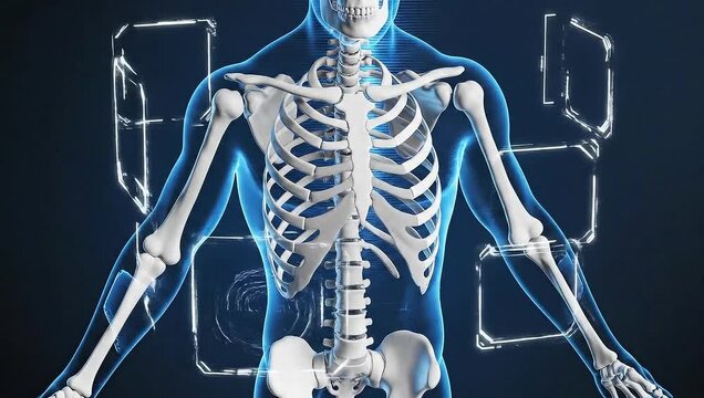 Transparent human body with visible skeletal system and blue outline.