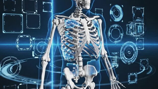 Human skeleton anatomy with futuristic digital interface and blue glowing lines.