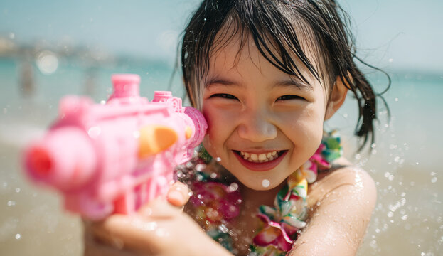 Joyful asian girl with wet hair smiling and playing with a colorful water equipment at the beach during daytime