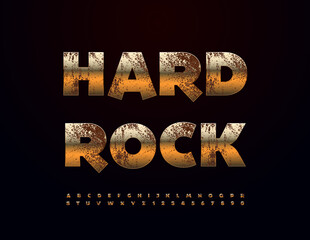 Vector Cool icon Hard Rock. Rusty Metallic Font. Aged Gold Alphabet Letters and Numbers set.