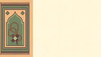 Islamic prayer mat with rosary on beige background