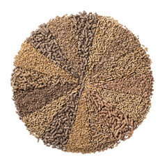 A top view of sixteen different types of mixed pet and bird feed arranged in sectors in a circle and isolated on a white background, authentic photograph, not AI-generated