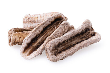 Dried bananas isolated on white background, photo taken using stacking method, created without generative AI