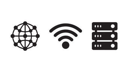 Vector Illustration Of Network Connection Symbols Including Globe, Wi-Fi, And Server For Technology And Communication Concept