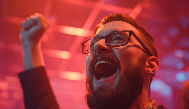 Joyful man with a beard and glasses celebrating enthusiastically in a vibrant, colorful environment