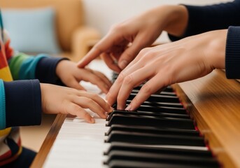 Obraz premium Parent teaching child to play piano hands on keyboard closeup
