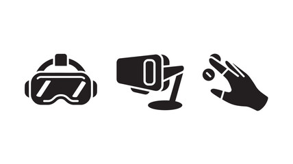 Vector Illustration Of Virtual Reality Headset, Webcam, And Hand With Finger Pointing For Technology And Communication Concept