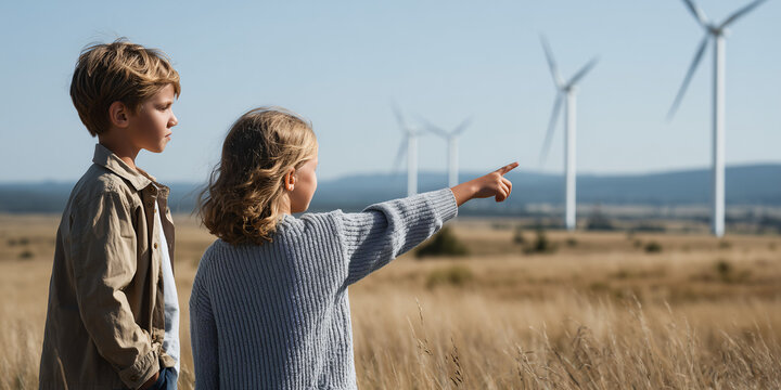 Two children are observing wind turbines in a field, with one pointing towards them - Powered by Adobe