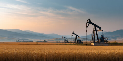 Oil pumps working in a rural landscape, under a serene sky, symbolising industry and the environment