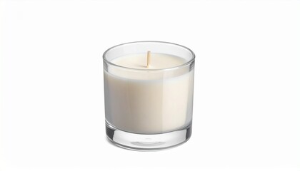 &ldquo;White candle in clear glass container unused smooth wax centered wick minimalist home decor ambiance&rdquo;