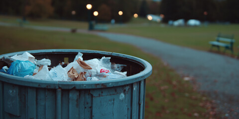 An overflowing trash bin in a park setting, evoking themes of waste management and environmental concerns