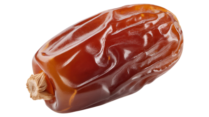 A large brown date with a stem on white background