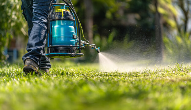Man using a backpack sprayer to evenly apply liquid fertilizer or pesticide on a lush green lawn outdoors