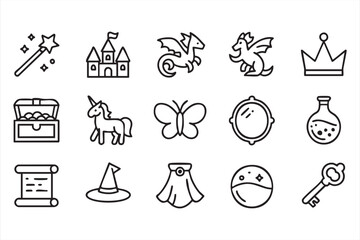 Fantasy magic line icons with dragon, unicorn, castle and fairytale symbols © MD.sahadat
