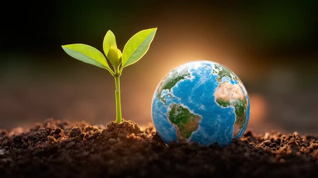 Sprouting green plant beside Earth globe on fertile soil